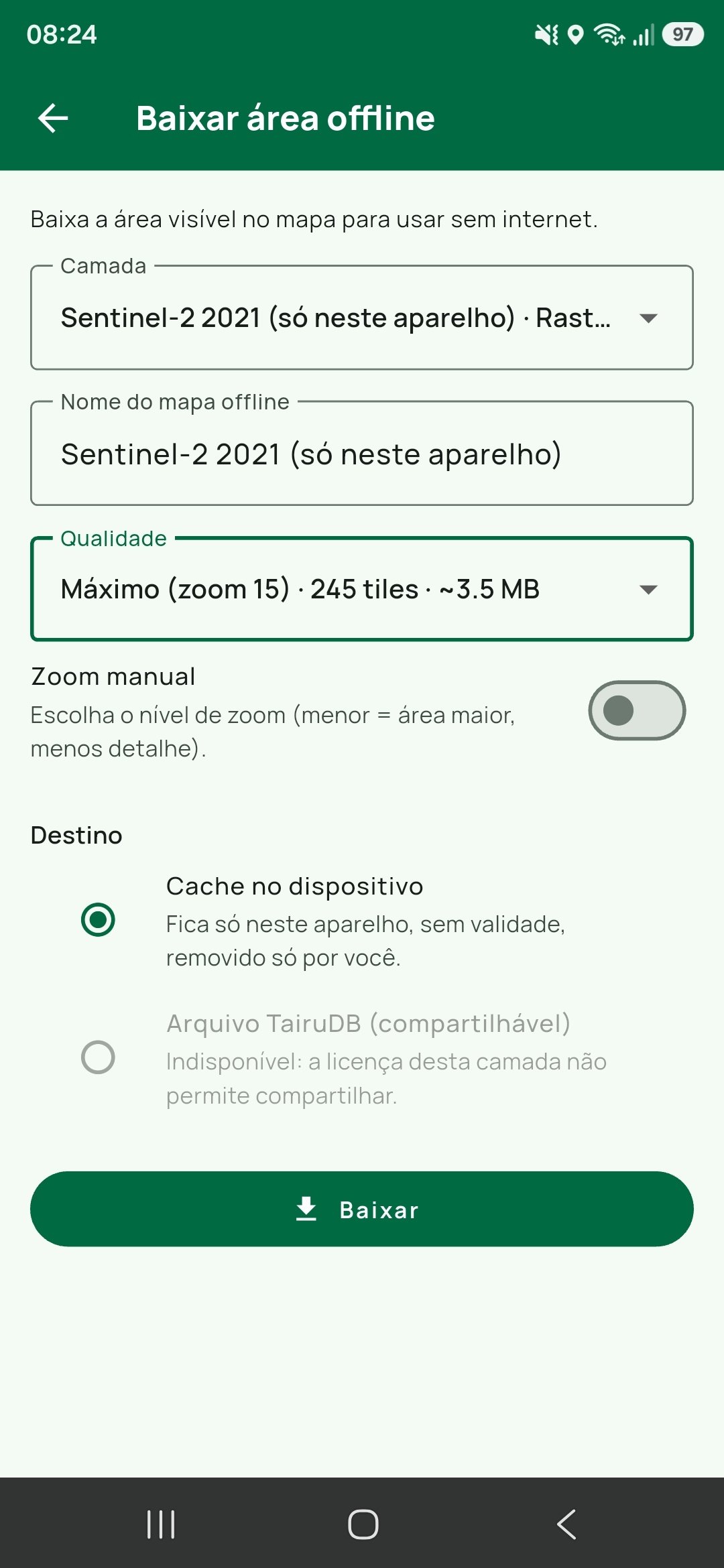 Tela Baixar área offline do Tairu Maps, com a camada escolhida, a qualidade em tiles e megabytes e as opções de destino