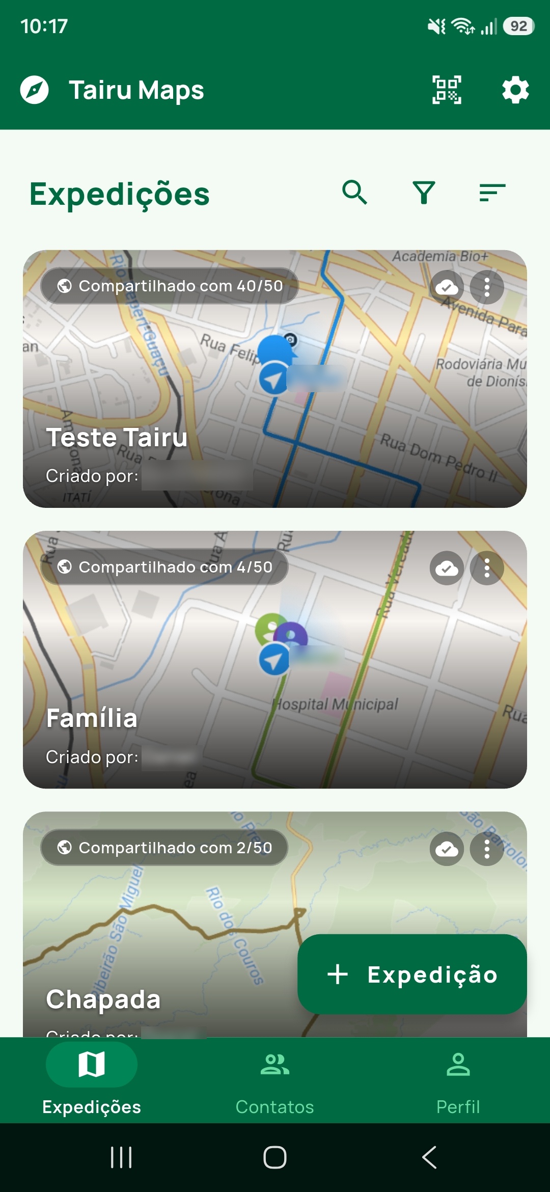 Lista de expedições no Tairu Maps, com busca, filtros e o botão de criar expedição
