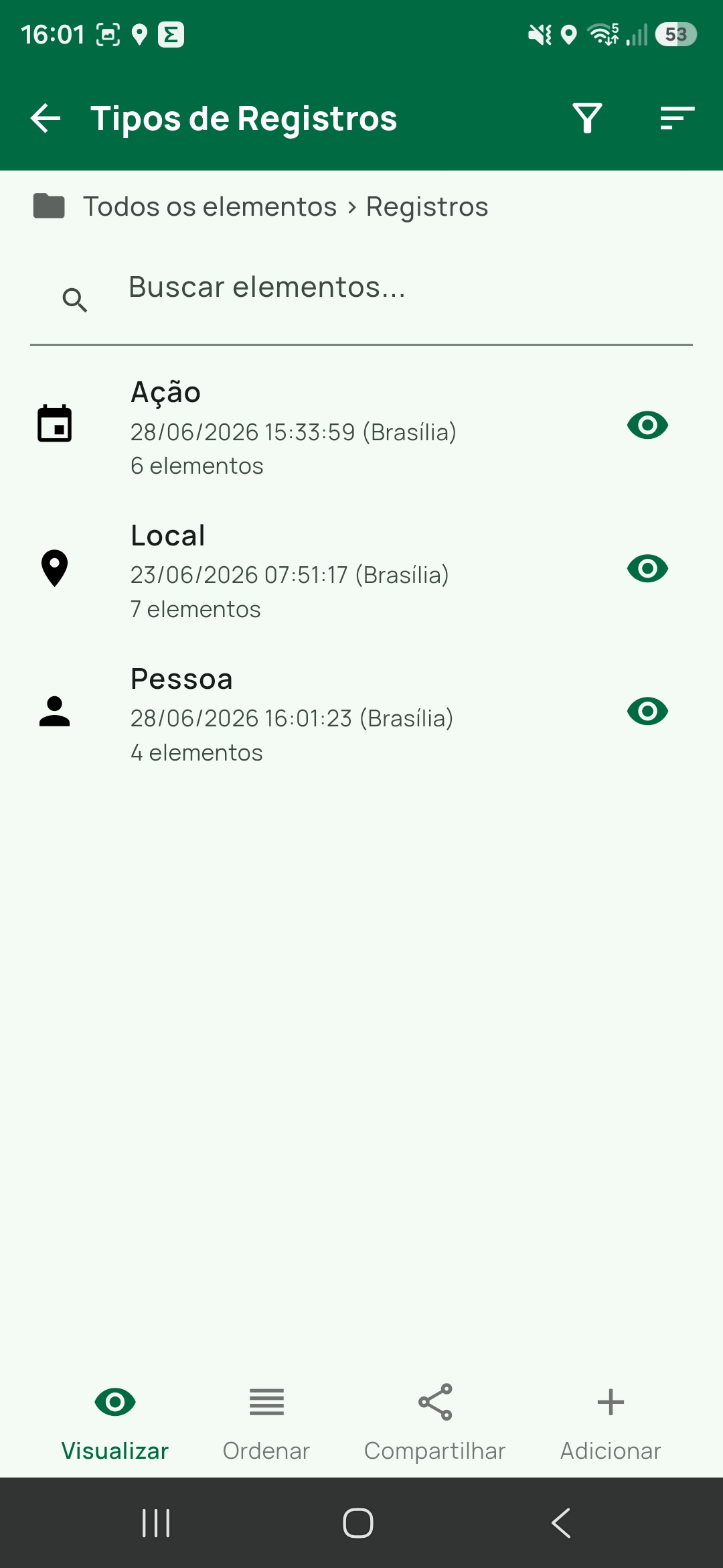 Tela de tipos de registros no Tairu Maps mostrando Ação, Local e Pessoa com contagem de elementos