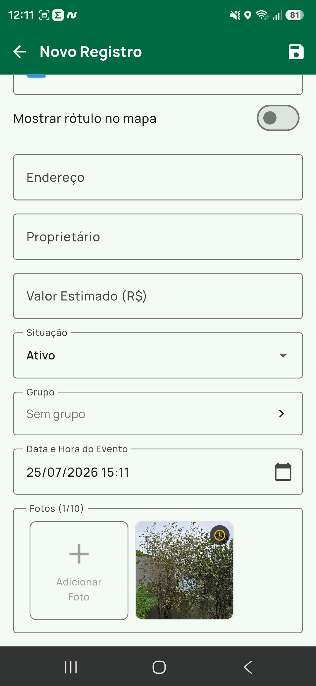 Formulário de registro no Tairu Maps, com situação, grupo, data do evento e a seção de fotos com uma imagem anexada