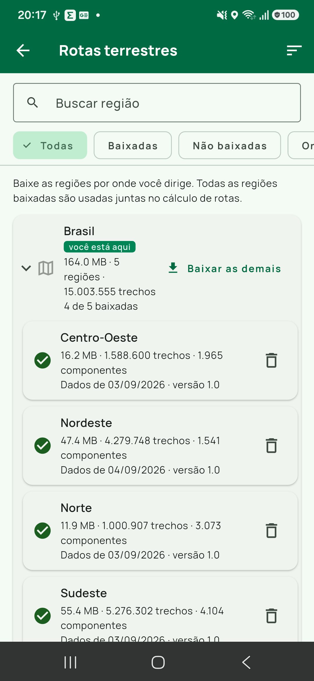 Tela Rotas terrestres do Tairu Maps: "Baixe as regiões por onde você dirige. Todas as regiões baixadas são usadas juntas no cálculo de rotas", com o Brasil em 164,0 MB e cinco regiões, quatro delas já baixadas