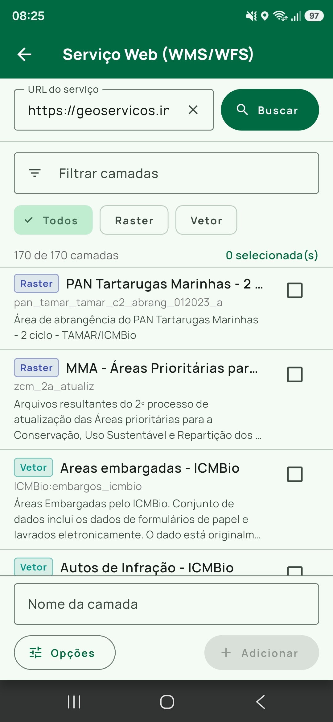 Tela Serviço Web do Tairu Maps listando camadas de um servidor OGC, cada uma marcada como Raster ou Vetor