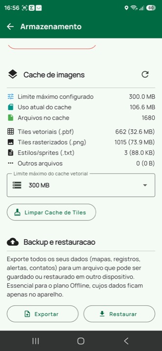 Tela de armazenamento com cache e backup do Tairu Maps