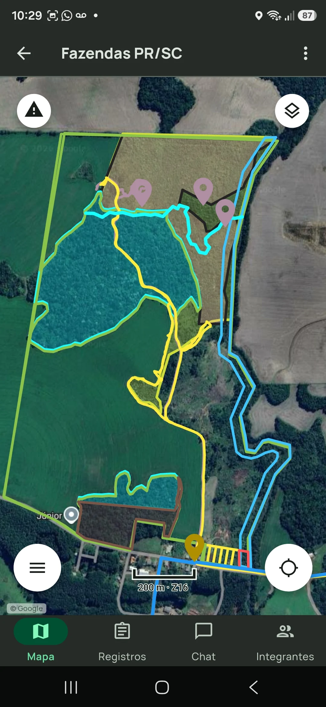 O mesmo projeto Fazendas PR/SC no Tairu Maps, com áreas, trajetos e registros visíveis no mapa
