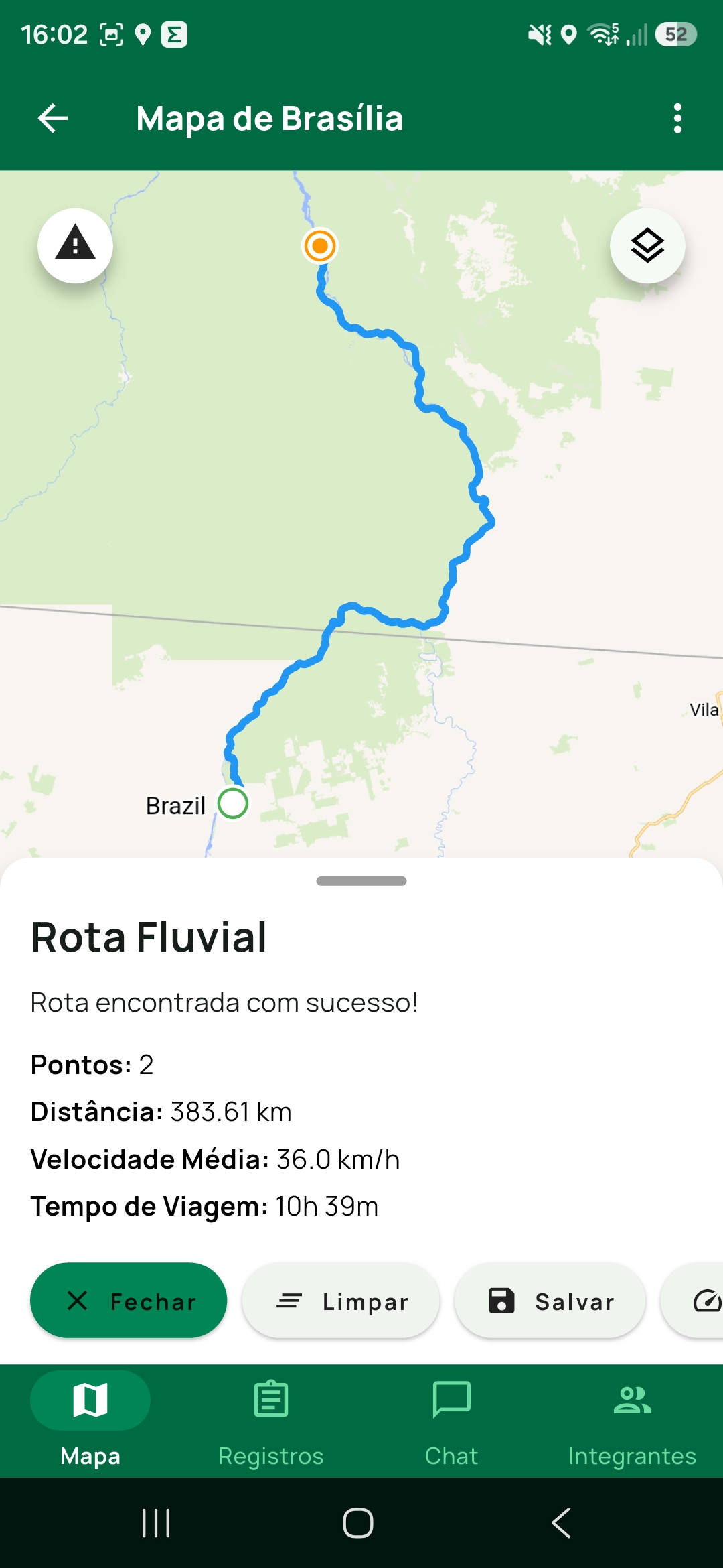 Resultado de uma rota fluvial com distância e tempo de viagem