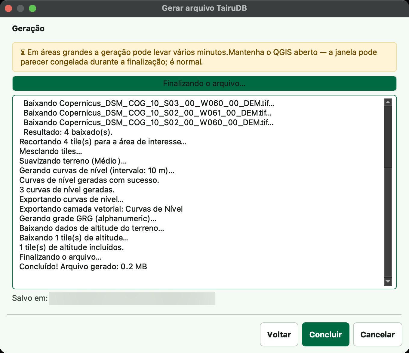 Etapa Geração concluída, com a linha 1 tile(s) de altitude incluídos. no log. Confirma que o arquivo saiu com a altitude dentro.