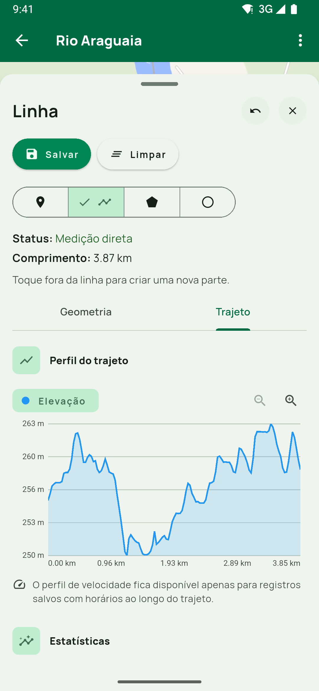 Desenhar e Medir em modo linha, aba Trajeto durante o traçado: perfil de Elevação e o aviso de que a velocidade só existe em registro salvo com horários.