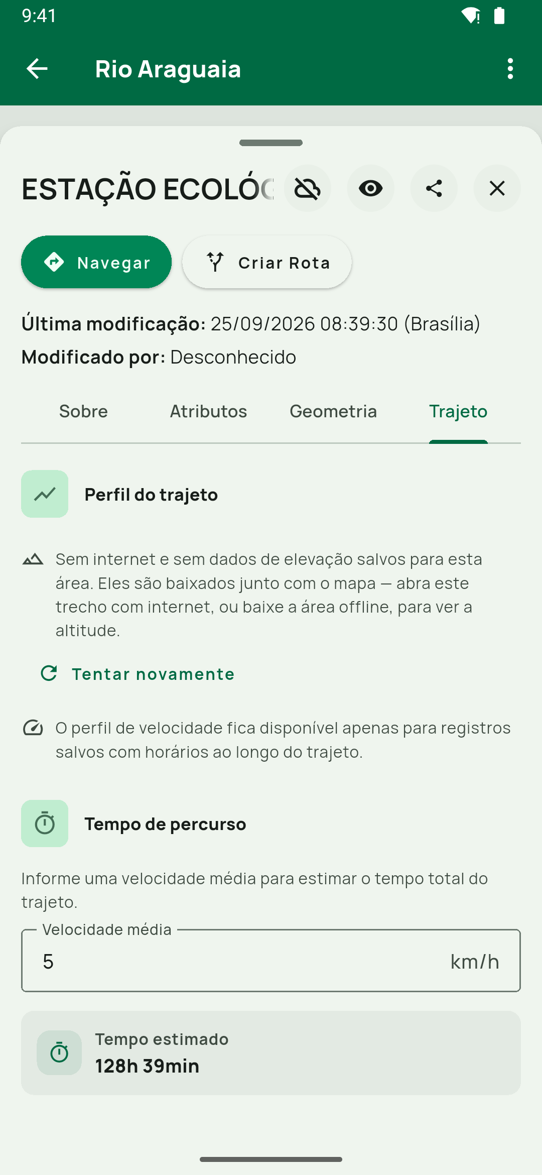 Aba Trajeto de uma feição de geosserviço (uma Estação Ecológica da camada WFS do ICMBio) em modo avião, fora de qualquer área offline: Navegar e Criar Rota, as abas Sobre / Atribut