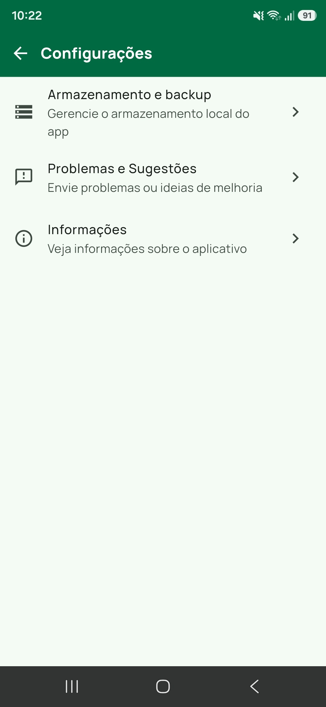 Tela Configurações do Tairu Maps com os itens Armazenamento e backup, Problemas e Sugestões e Informações.