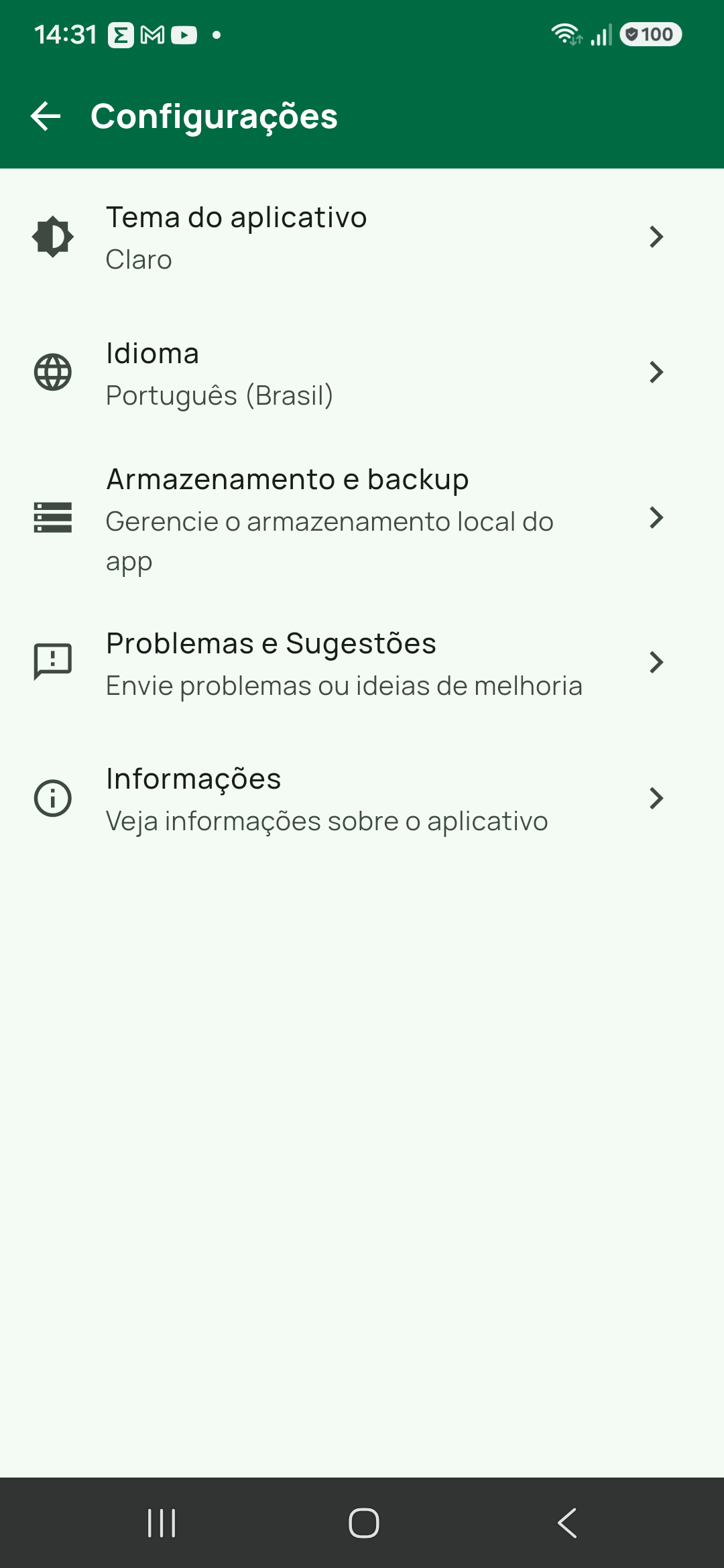Tela Configurações com os cinco itens atuais.
