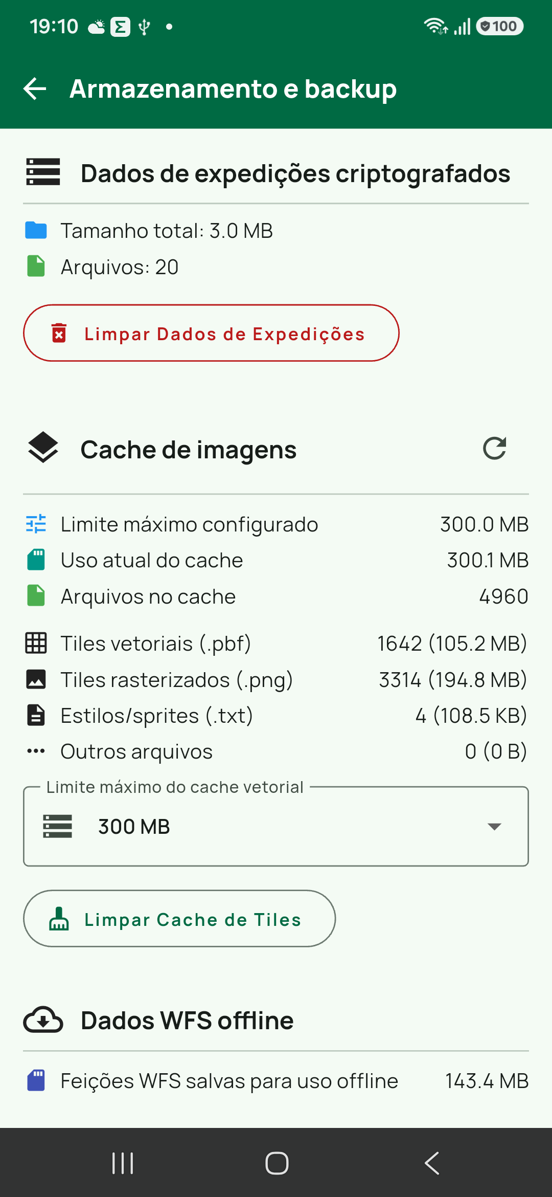 Topo de Armazenamento e backup: Dados de expedições criptografados, Limpar Dados de Expedições e Cache de imagens.