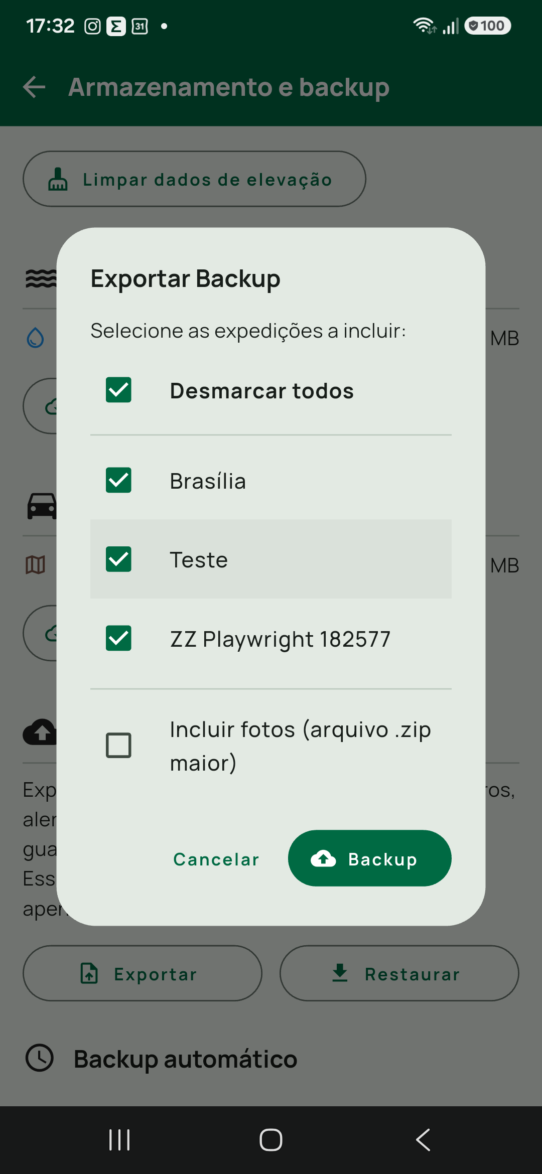 Backup exportar dialogo