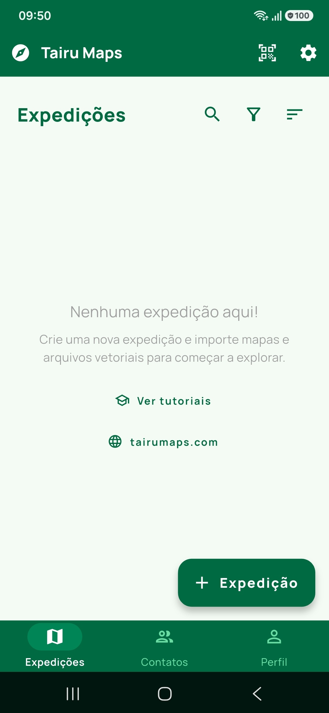 Aba Expedições sem nenhuma expedição, com a mensagem Nenhuma expedição aqui!, os atalhos Ver tutoriais e tairumaps.com e o botão flutuante com o ícone + e o rótulo Expedição. É a t