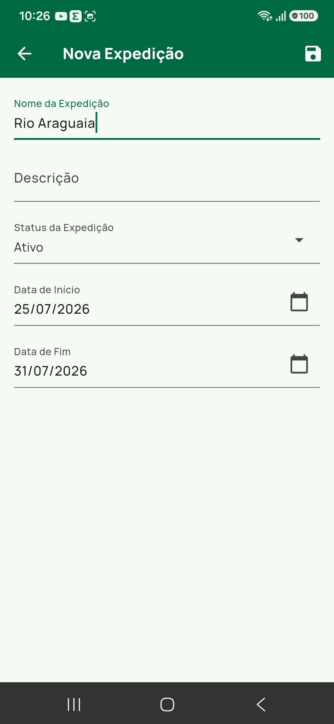 Formulário Nova Expedição preenchido, com os campos Nome da Expedição, Descrição e Status da Expedição e o ícone de salvar no topo.