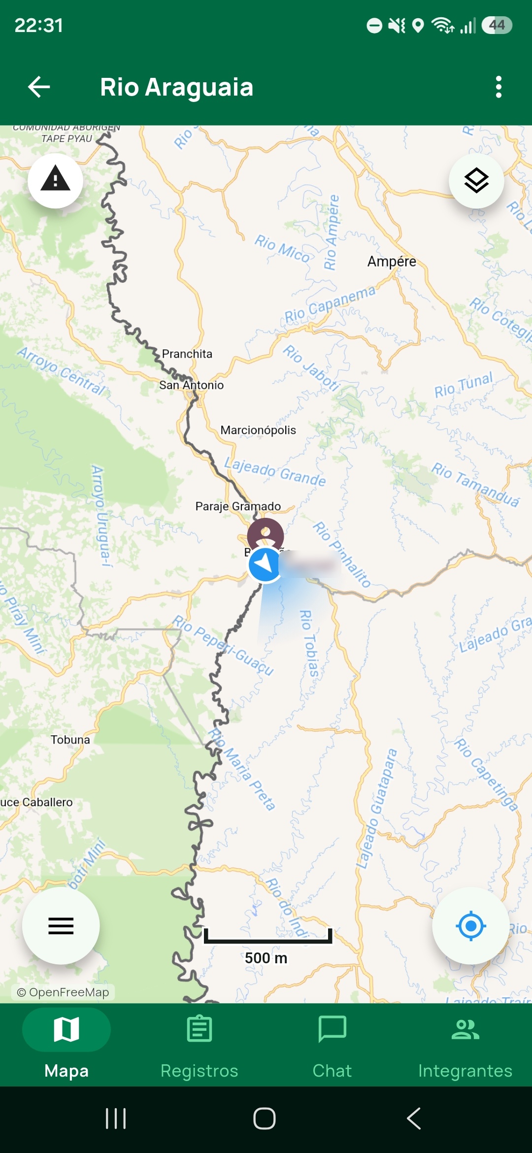 Expedição Rio Araguaia recém-criada, aberta na aba Mapa, com o mapa base padrão de ruas, os quatro botões flutuantes e a barra de abas.