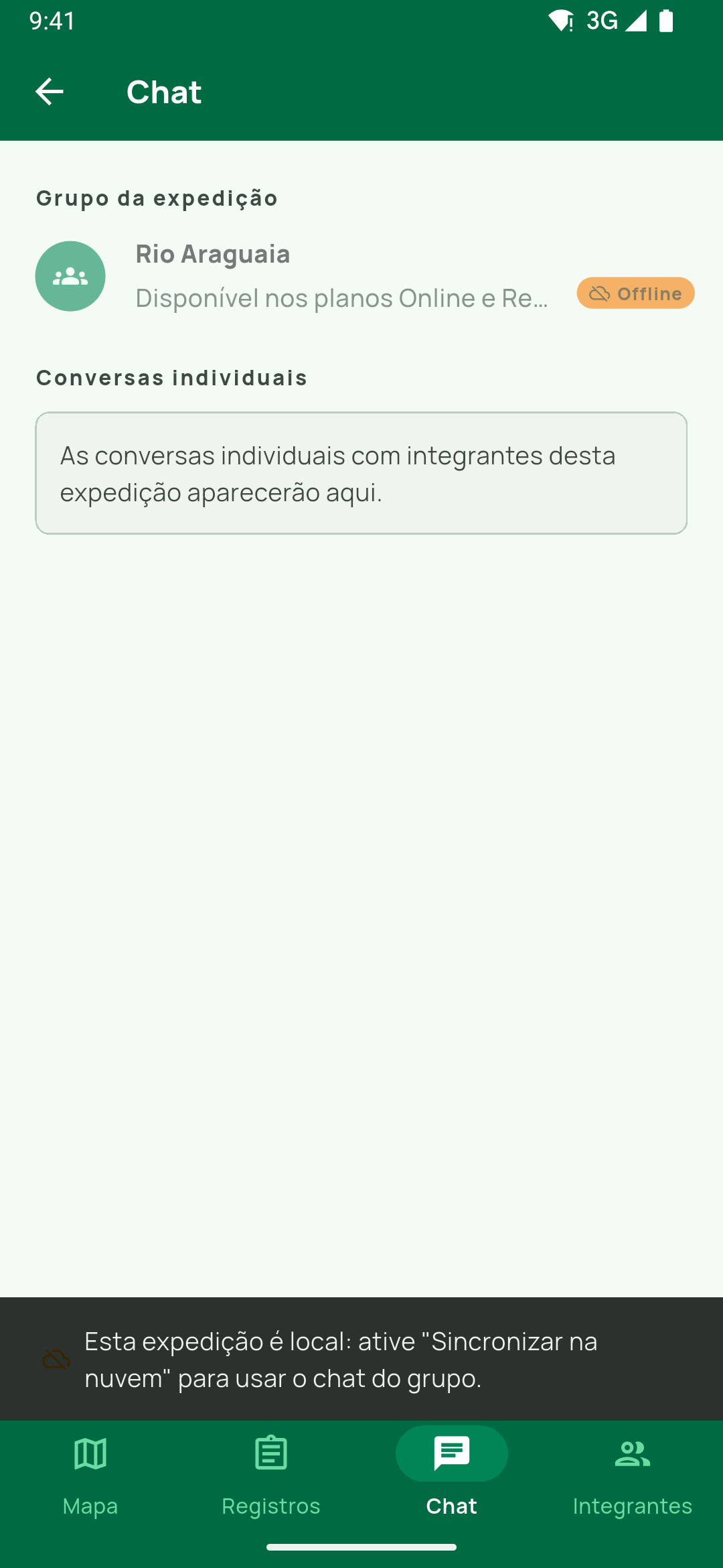 Aba Chat de uma expedição local: o grupo marcado Offline e o aviso Esta expedição é local: ative "Sincronizar na nuvem" para usar o chat do grupo. Usado.