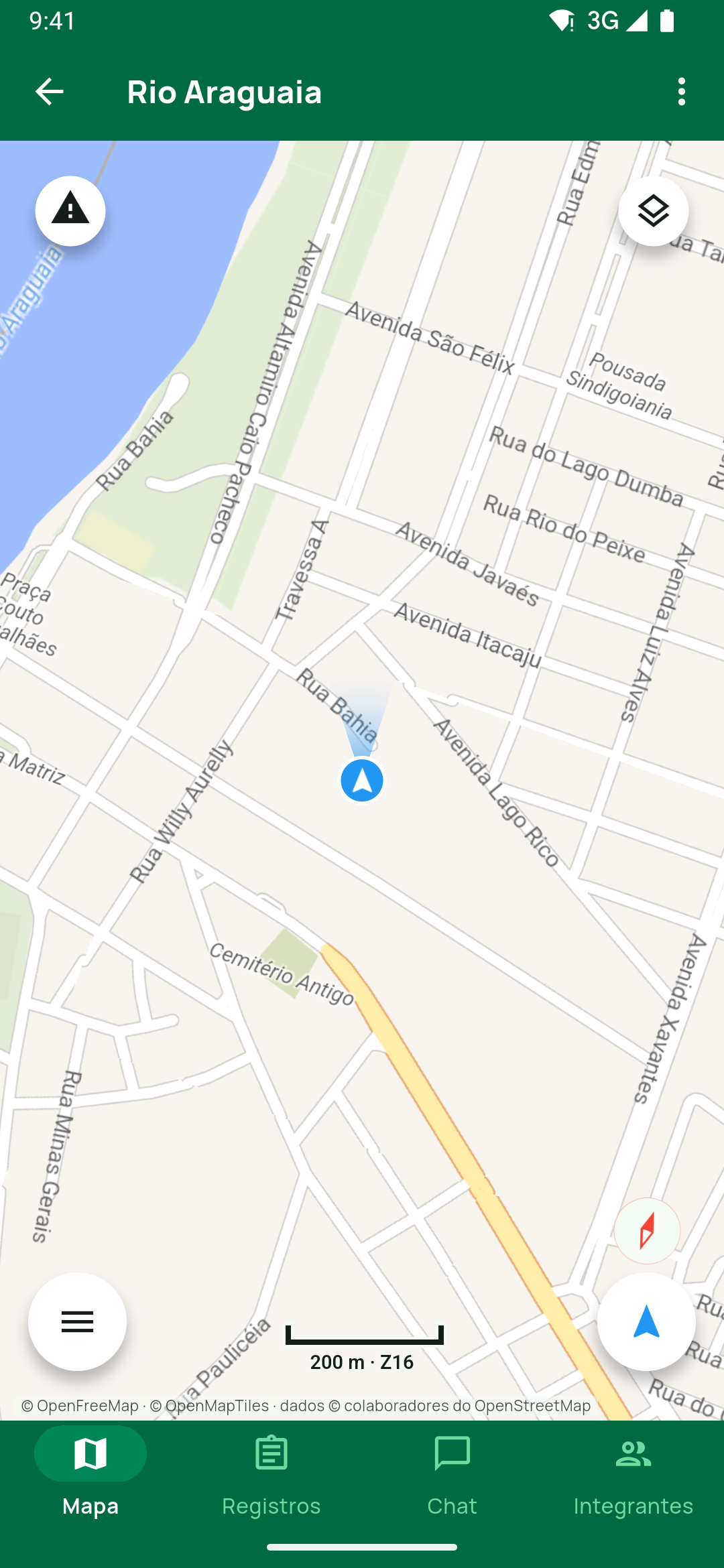 A mesma expedição Rio Araguaia, salva como local e já aberta na aba Mapa: nome na barra superior, mapa de fundo padrão, os botões flutuantes, a barra de escala 200 m · Z16 e a barr