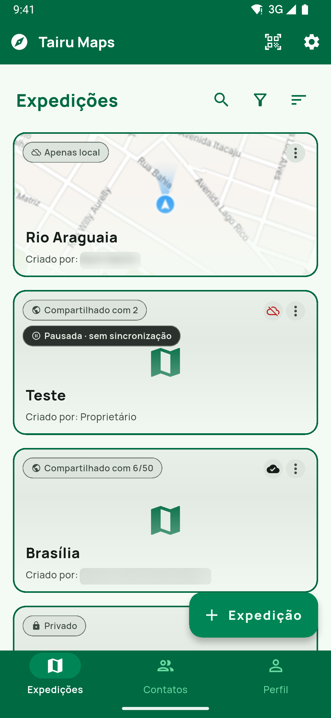 Lista de expedições com Rio Araguaia no topo e o selo Apenas local (nuvem cortada), sem indicador de sincronização — a prova.