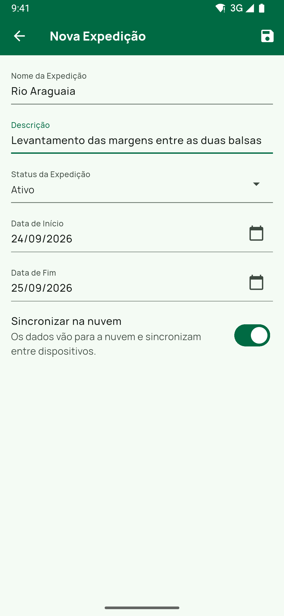Formulário Nova Expedição inteiro, de Nome da Expedição (Rio Araguaia) e Descrição a Status da Expedição, Data de Início (hoje), Data de Fim (amanhã) e a chave Sincronizar na nuvem