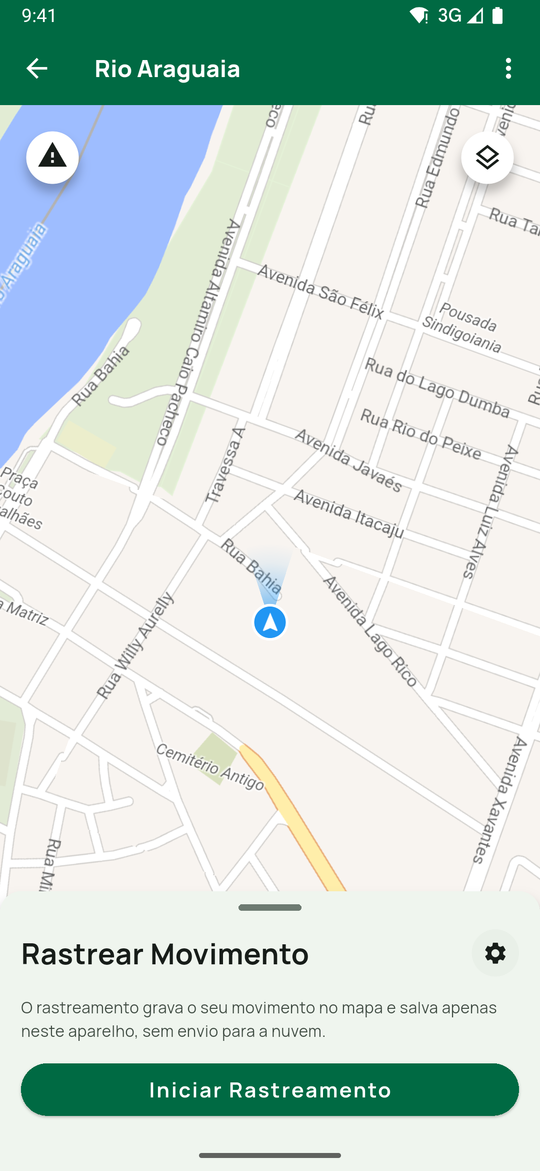 Folha Rastrear Movimento numa expedição local: O rastreamento grava o seu movimento no mapa e salva apenas neste aparelho, sem envio para a nuvem. e Iniciar Rastreamento.