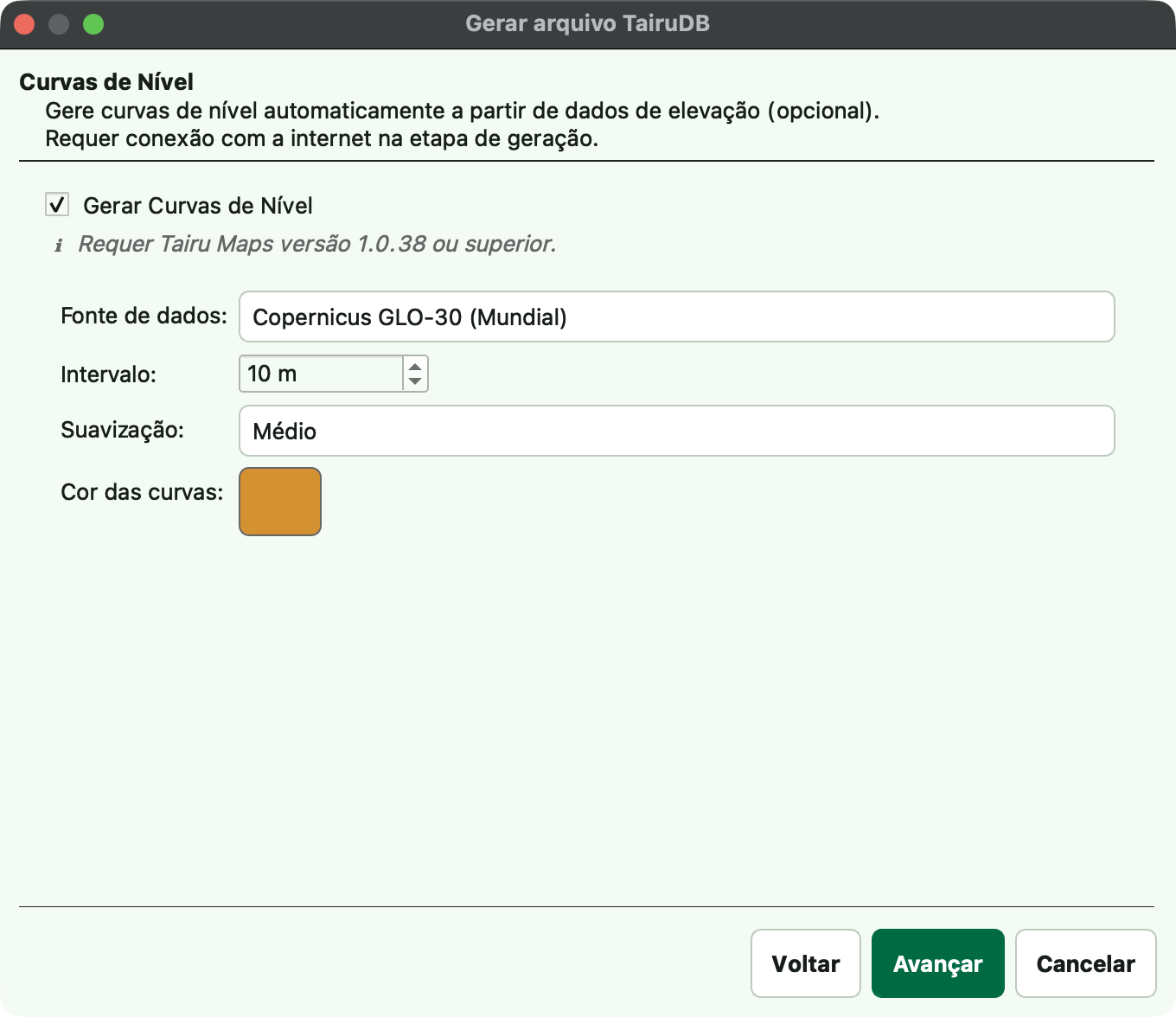 Configure curvas de nível, se fizer sentido