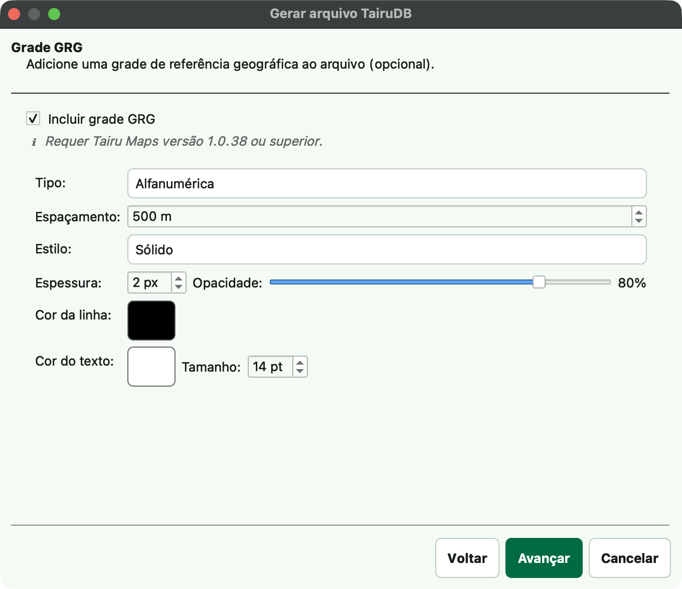 Configure a grade GRG, se necessário