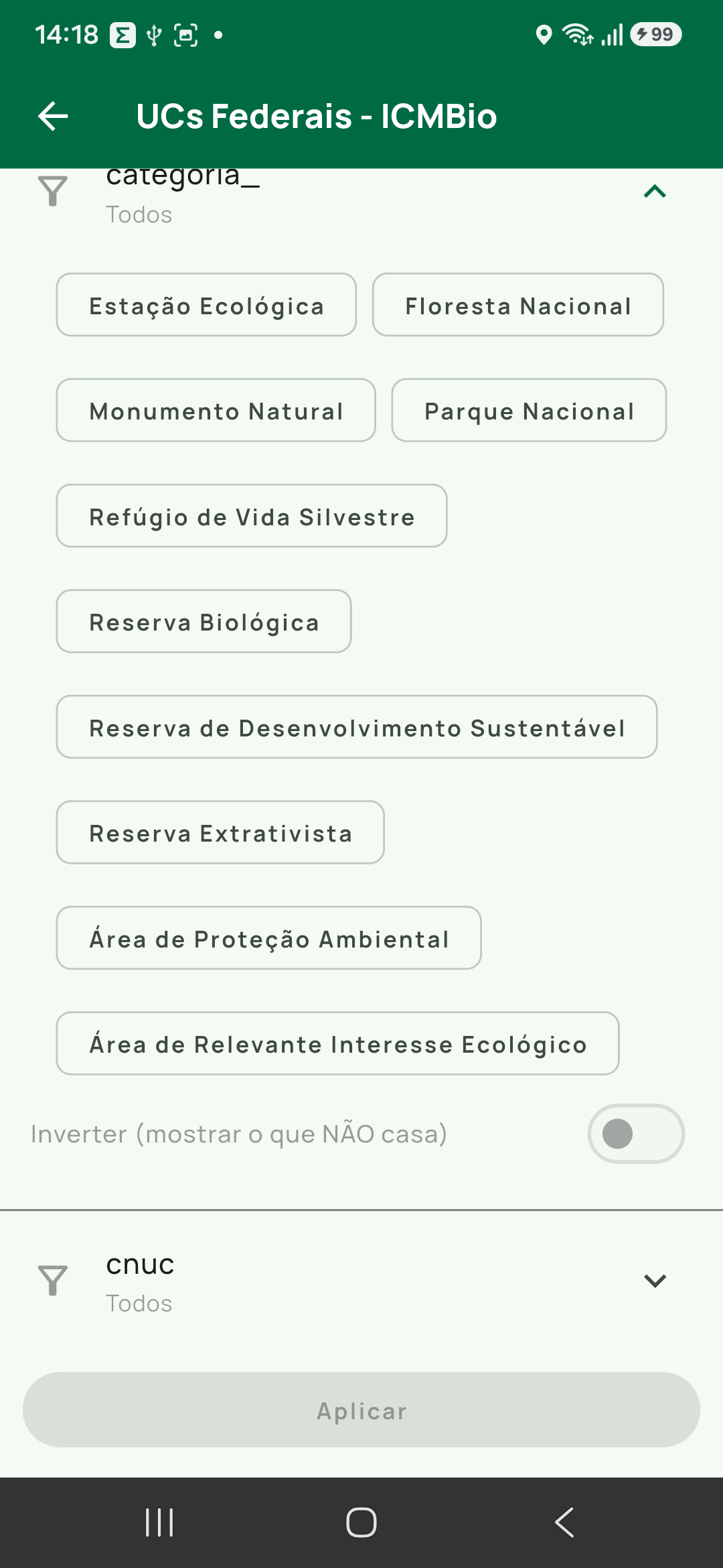 A mesma lista rolada até o fim, mostrando as últimas etiquetas e a chave Inverter (mostrar o que NÃO casa) abaixo delas.