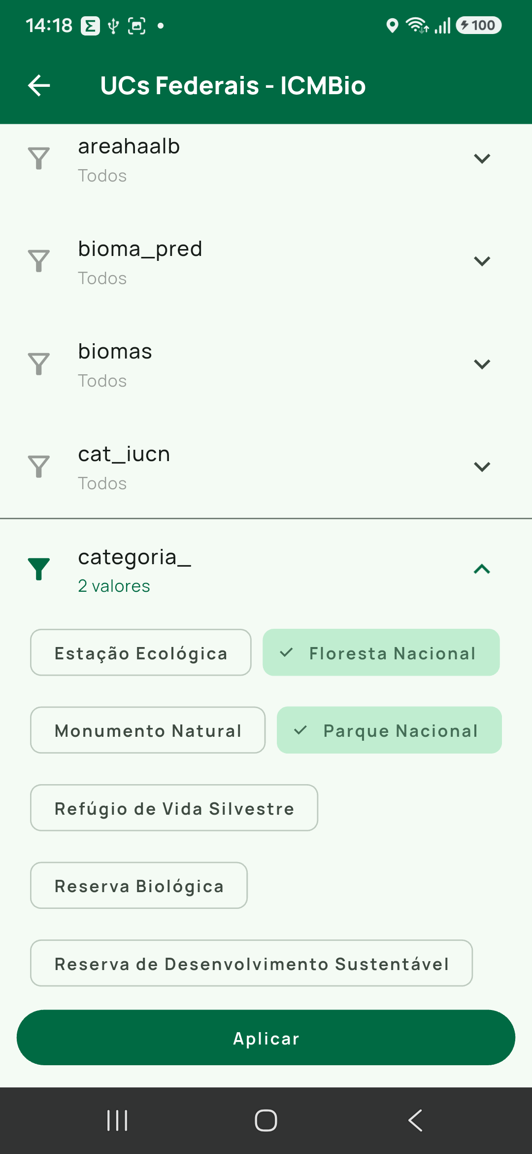 Duas etiquetas marcadas (Floresta Nacional e Parque Nacional) antes de tocar em Aplicar.