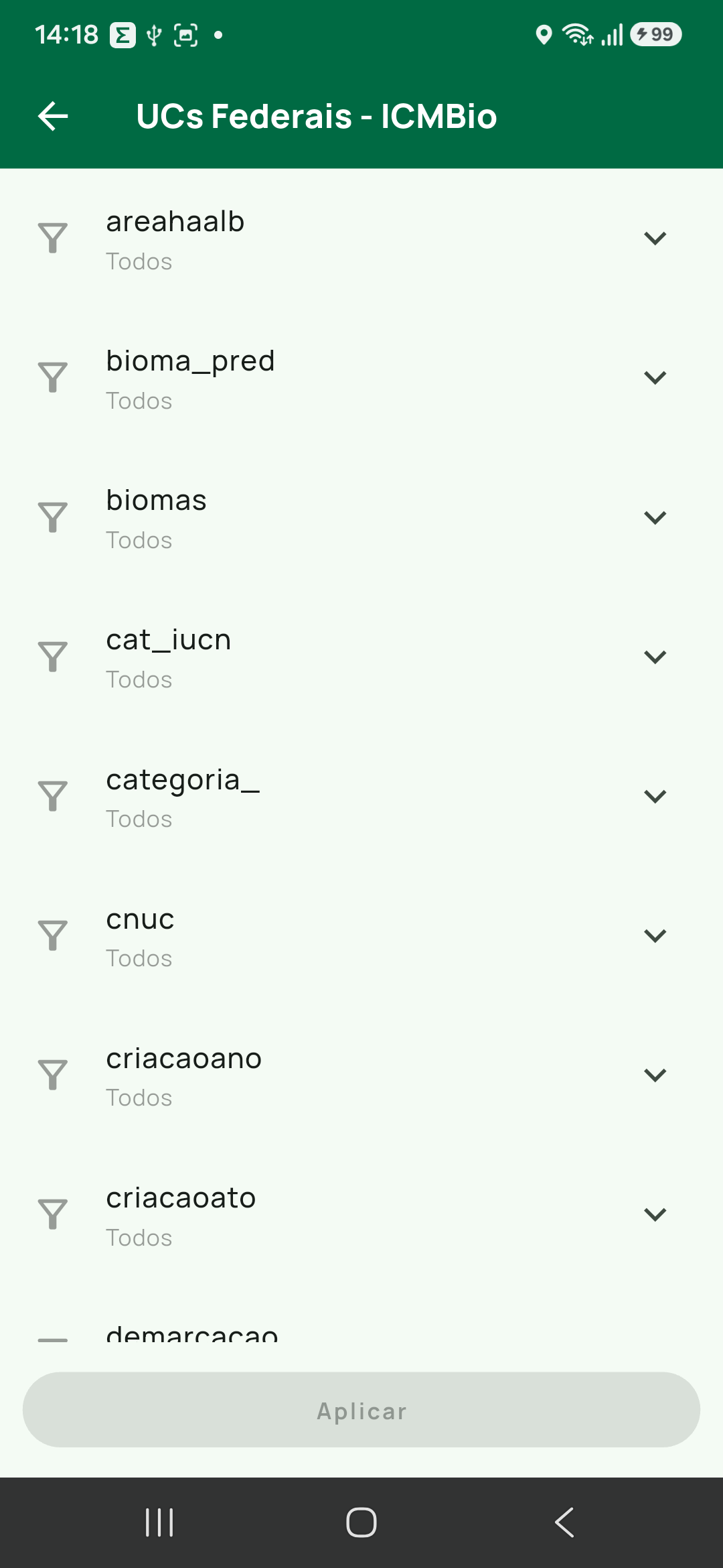 Tela Filtrar por atributo da camada UCs Federais - ICMBio, com os atributos recolhidos (areahaalb, bioma_pred, biomas, cat_iucn, categoria_, cnuc, criacaoano, criacaoato, demarcaca