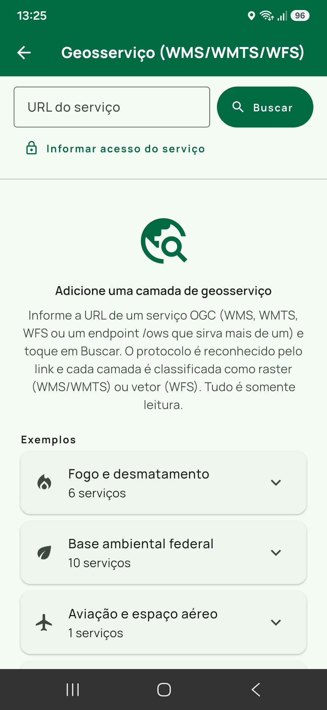 Tela vazia do geosserviço na versão atual: título Geosserviço (WMS/WMTS/WFS), o texto que explica o reconhecimento do protocolo o botão Informar acesso do serviço fechado — o estad