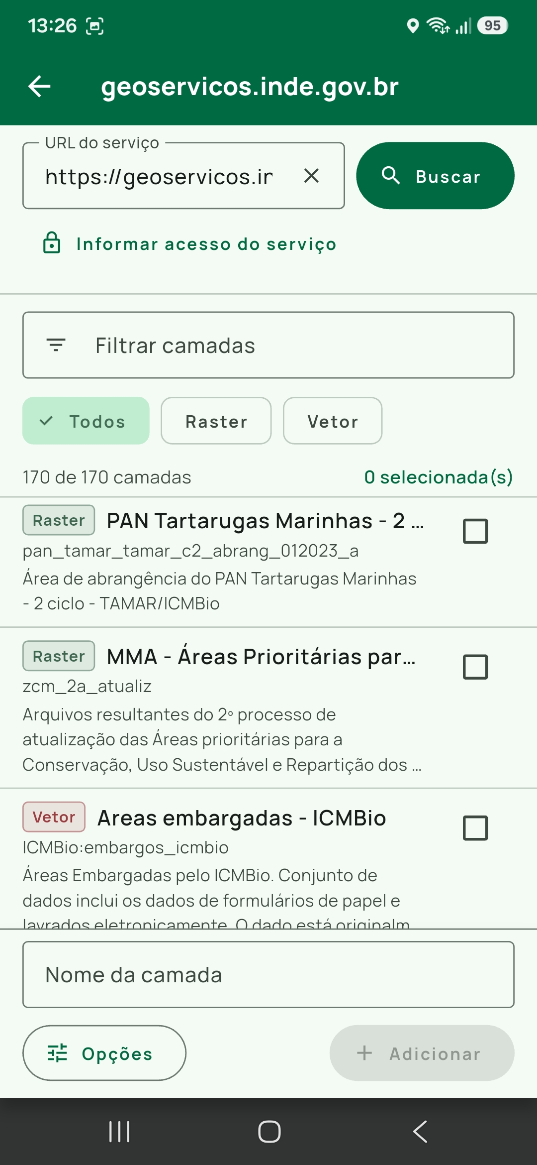 Resultado de uma busca sem credenciais em geoservicos.inde.gov.br: título com o host, Informar acesso do serviço recolhido em uma linha, Filtrar camadas, os chips Todos / Raster / 