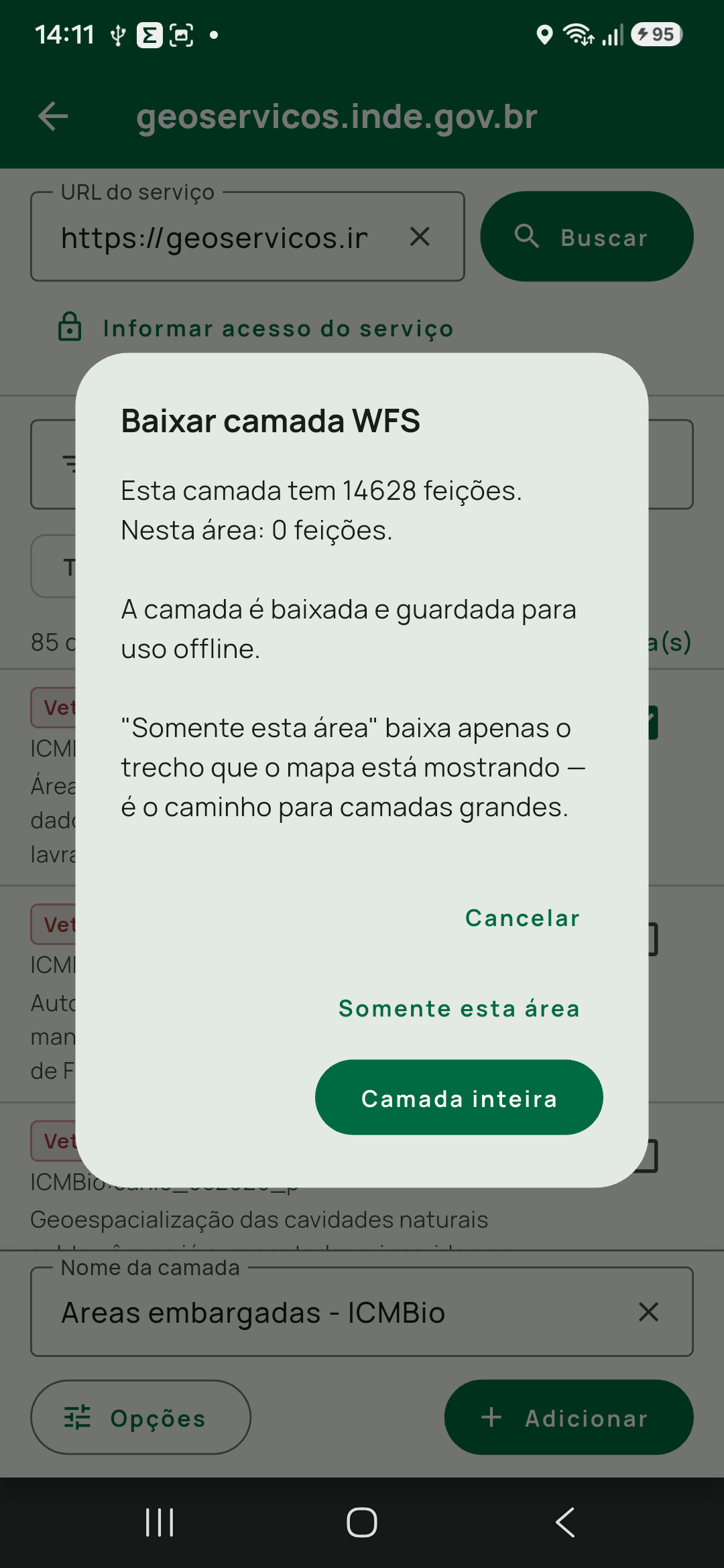 Diálogo Baixar camada WFS que aparece ao adicionar uma vetorial: a contagem total de feições, quantas caem na área visível, e a escolha entre Somente esta área e Camada inteira.
