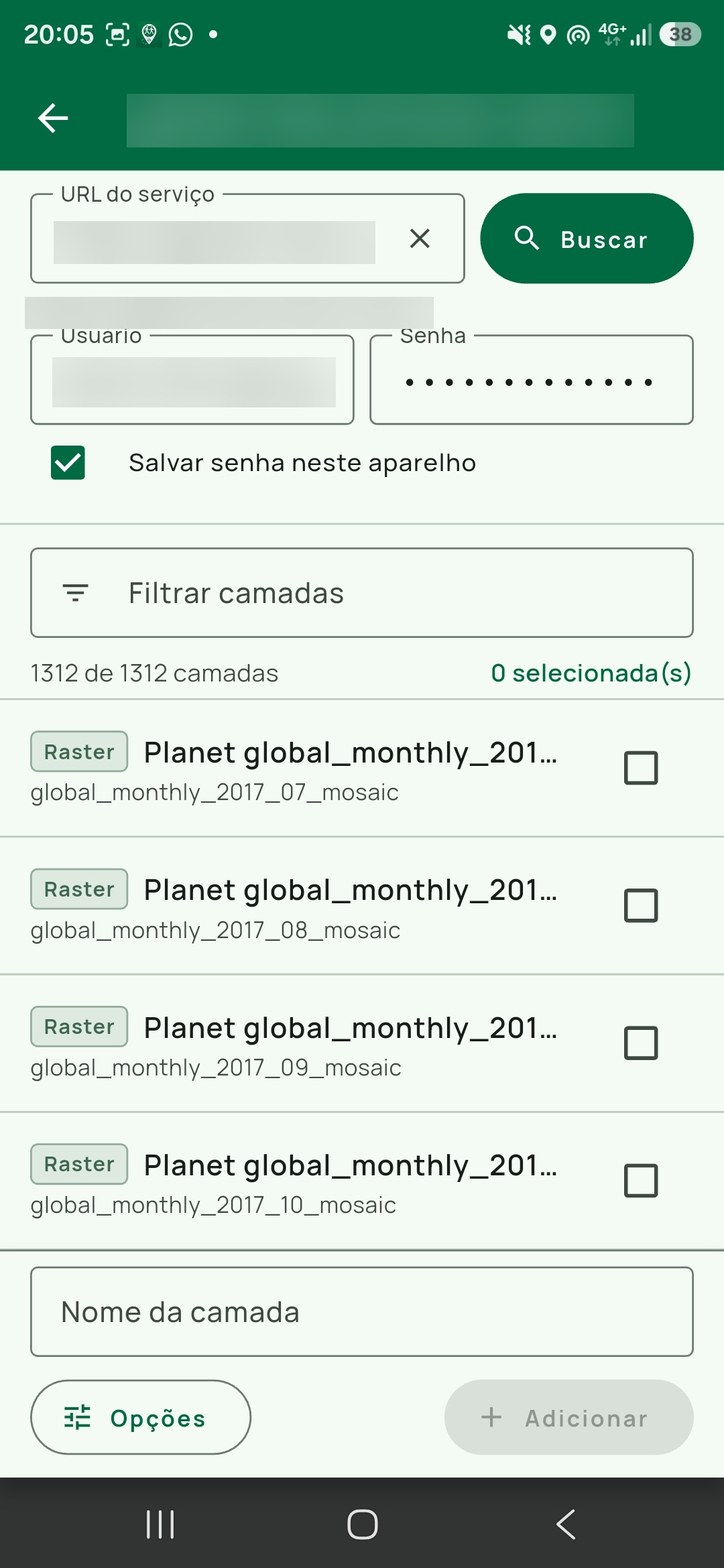 Tela do geosserviço depois de uma busca autenticada: campos Usuário e Senha preenchidos, Salvar senha neste aparelho marcada, e a lista com 1312 de 1312 camadas / 0 selecionada(s).