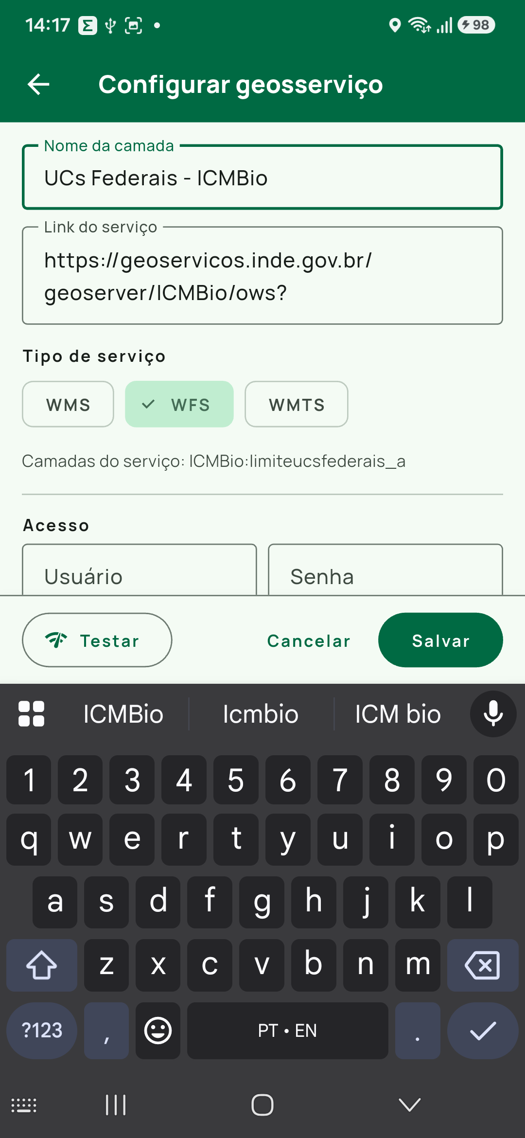 Tela Configurar geosserviço inteira: nome da camada, Link do serviço, os chips WMS / WFS / WMTS de Tipo de serviço, a linha Camadas do serviço: com o identificador técnico, o bloco