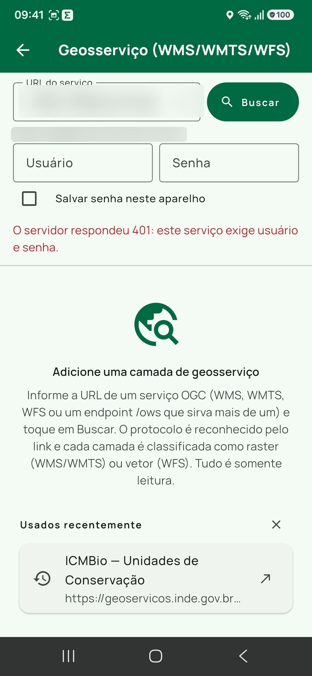 A tela depois de buscar um serviço protegido sem credencial: a mensagem em vermelho O servidor respondeu 401: este serviço exige usuário e senha. e, logo acima dela, os campos Usuá