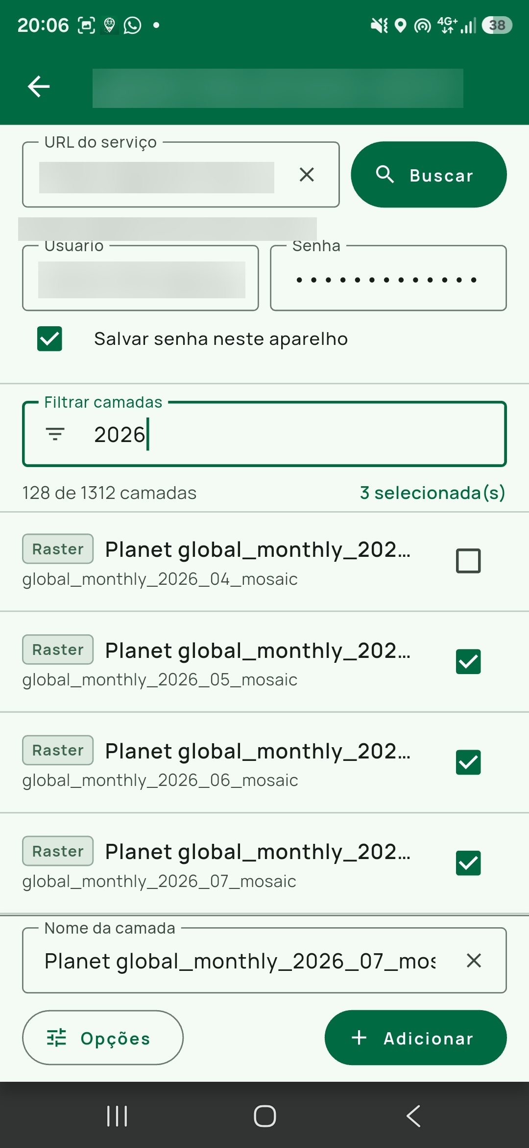 A mesma tela com o campo Filtrar camadas preenchido (2026): a contagem cai para 128 de 1312 camadas, três linhas Raster estão marcadas, 3 selecionada(s), o campo Nome da camada já 