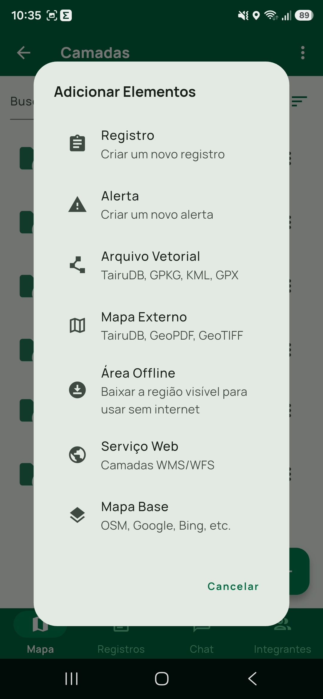 Modal Adicionar Elementos do Tairu Maps com as opções Registro, Alerta, Arquivo Vetorial, Mapa Externo, Área Offline, Serviço Web e Mapa Base.