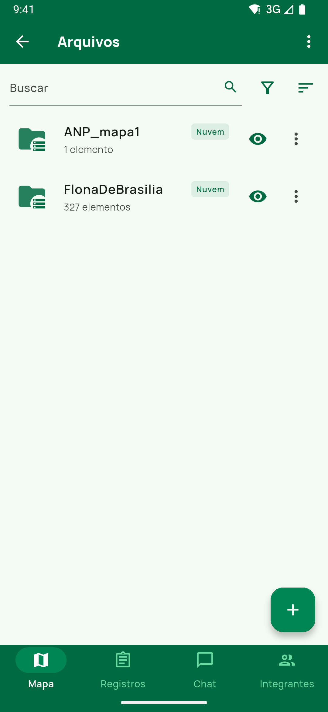 Grupo Arquivos com o mapa importado dentro: FlonaDeBrasilia, 327 elementos, com o selo Nuvem. É a prova de que a importação terminou — a imagem.