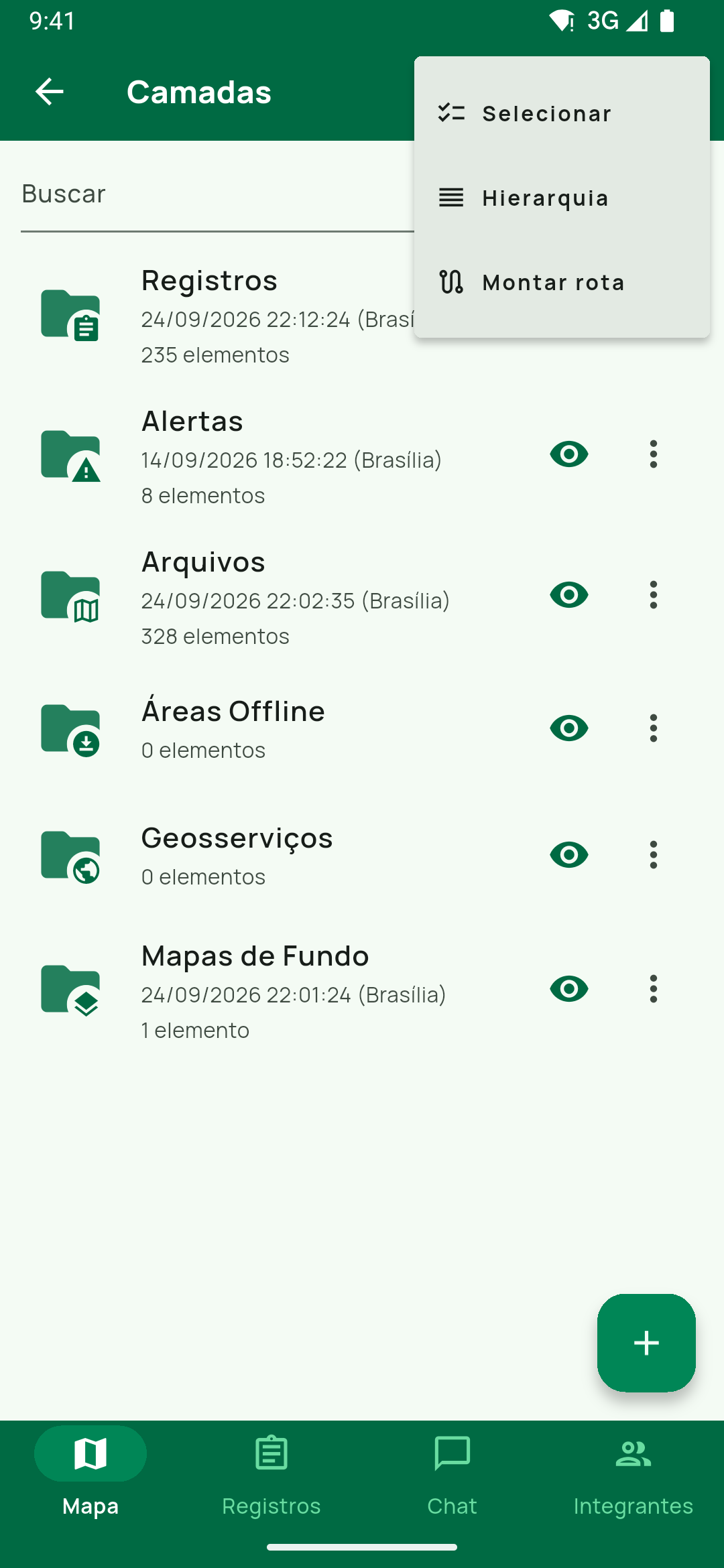 Raiz do gestor de elementos, título Camadas, com os seis grupos e o botão +. O ⋮ da raiz aparece aberto (Selecionar, Hierarquia, Montar rota).