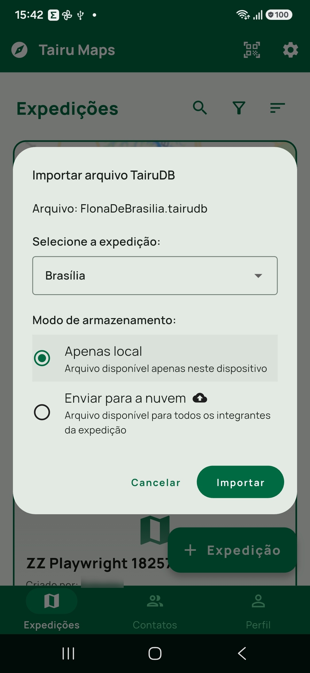 Diálogo Importar arquivo TairuDB (rota B), com Arquivo: FlonaDeBrasilia.tairudb, Selecione a expedição: já com Brasília escolhida, e o bloco Modo de armazenamento: com Apenas local