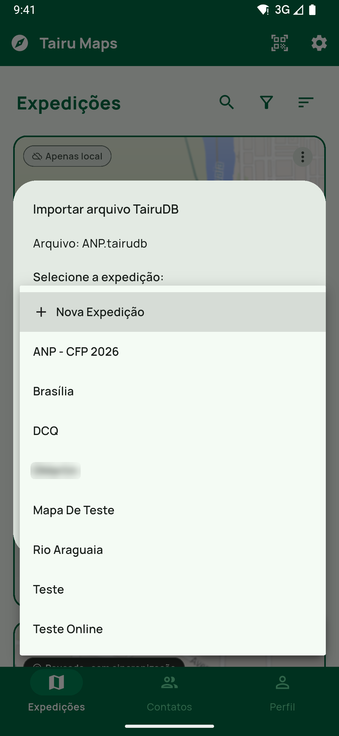 Diálogo Importar arquivo TairuDB com o seletor de expedição aberto: + Nova Expedição no topo, depois as expedições.