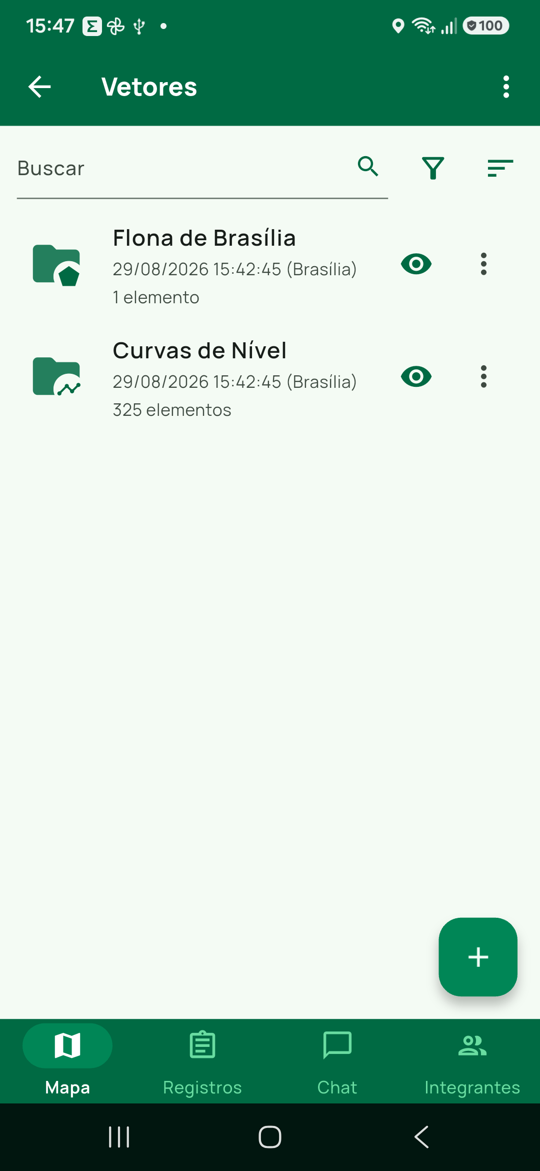 Dentro de Vetores: as camadas vetoriais do arquivo, Flona de Brasília (1 elemento) e Curvas de Nível (325 elementos).