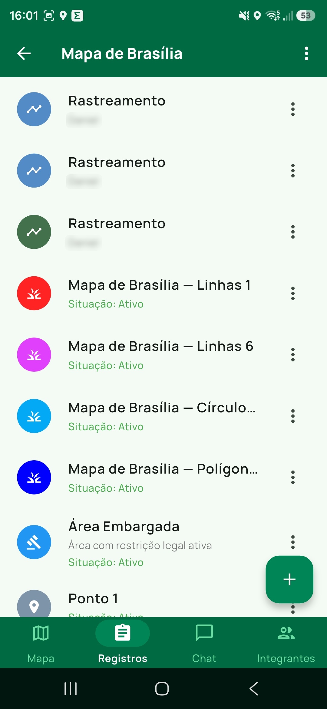 Lista de registros dentro da expedição, na aba Registros.