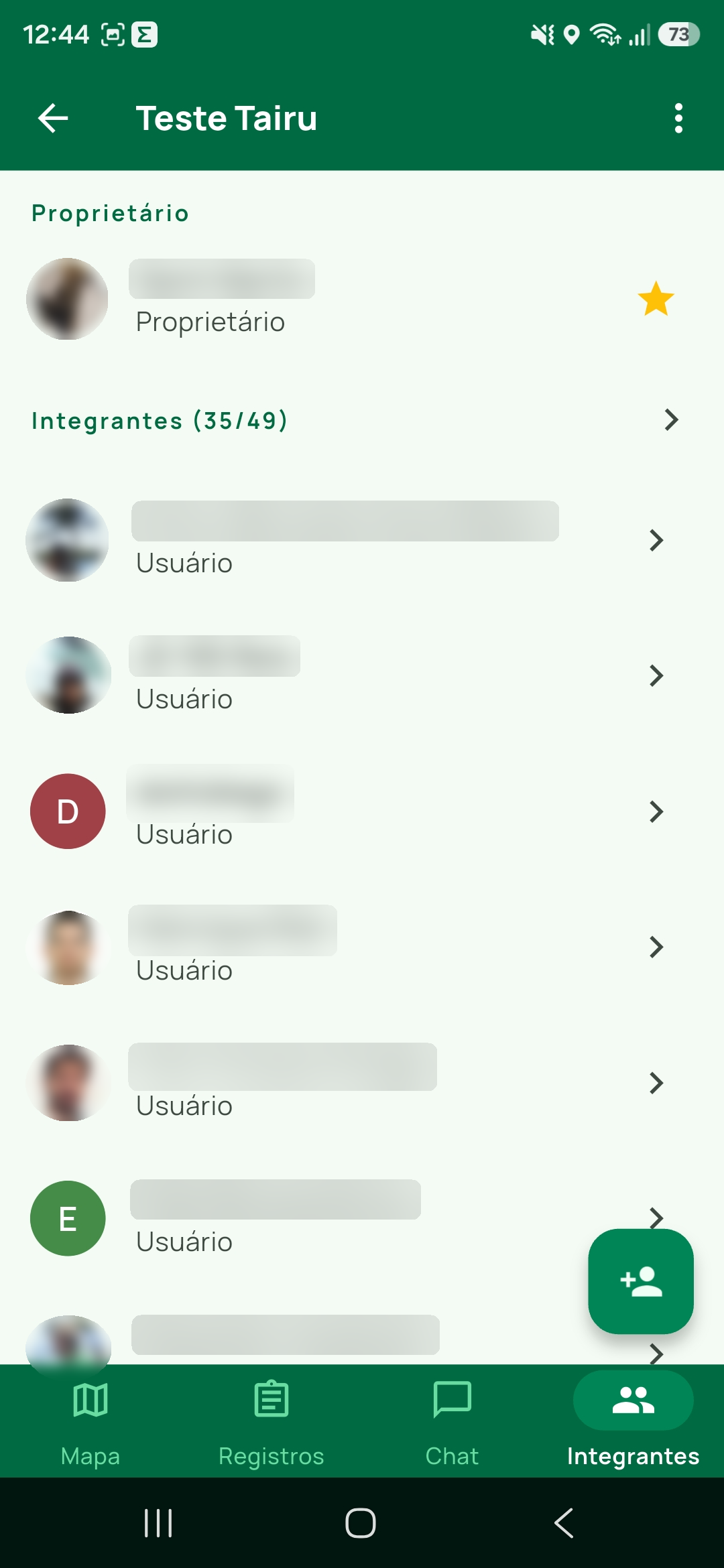 Lista de integrantes com o proprietário e os usuários da expedição.