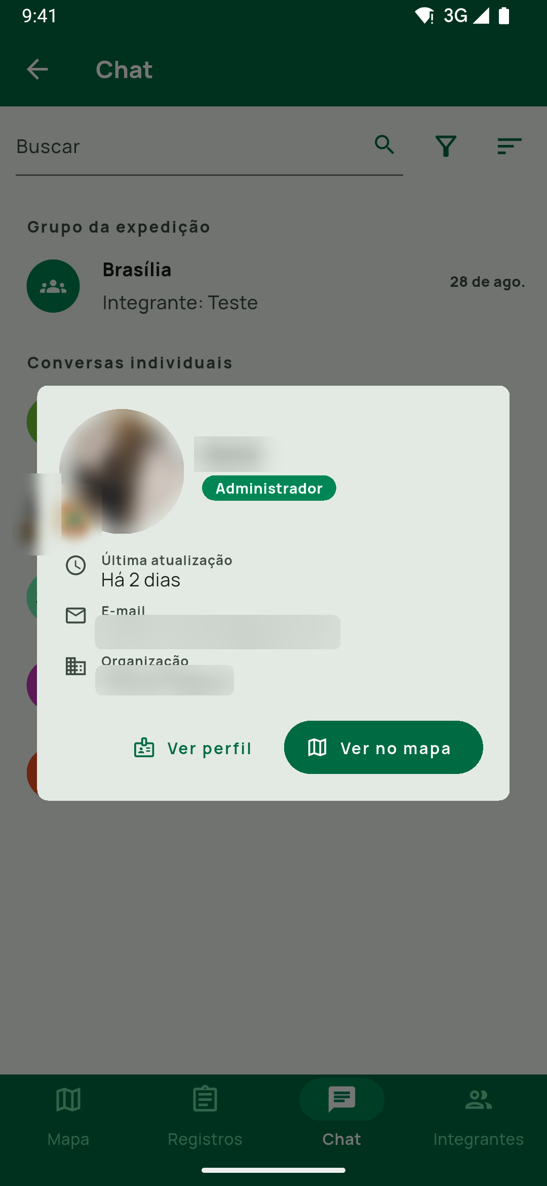 Toque no avatar de um integrante: Última atualização, E-mail, Organização e os botões Ver perfil e Ver no mapa.