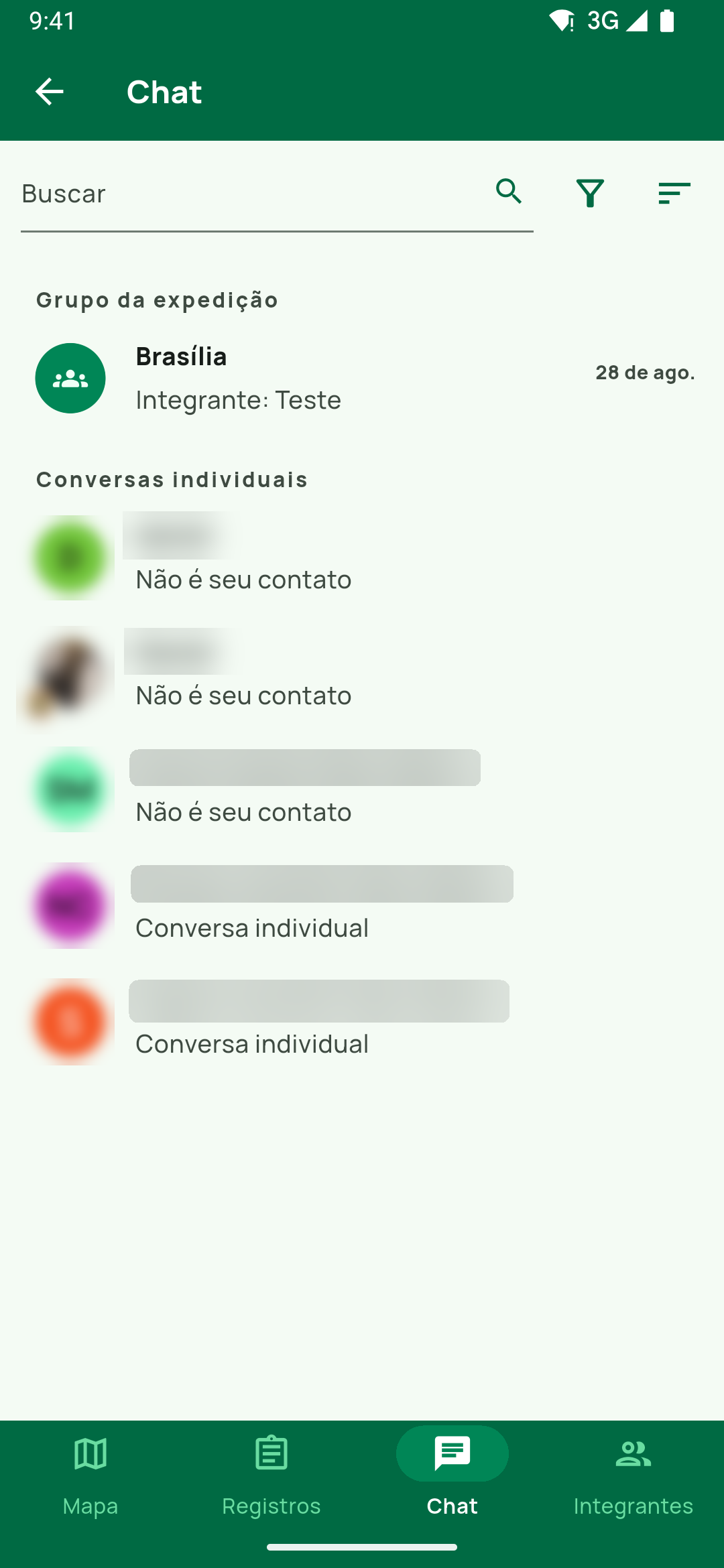 Aba Chat: busca, filtros e ordenação no topo, Grupo da expedição e, em Conversas individuais, todos os integrantes, com Não é seu contato para quem ainda não é contato.