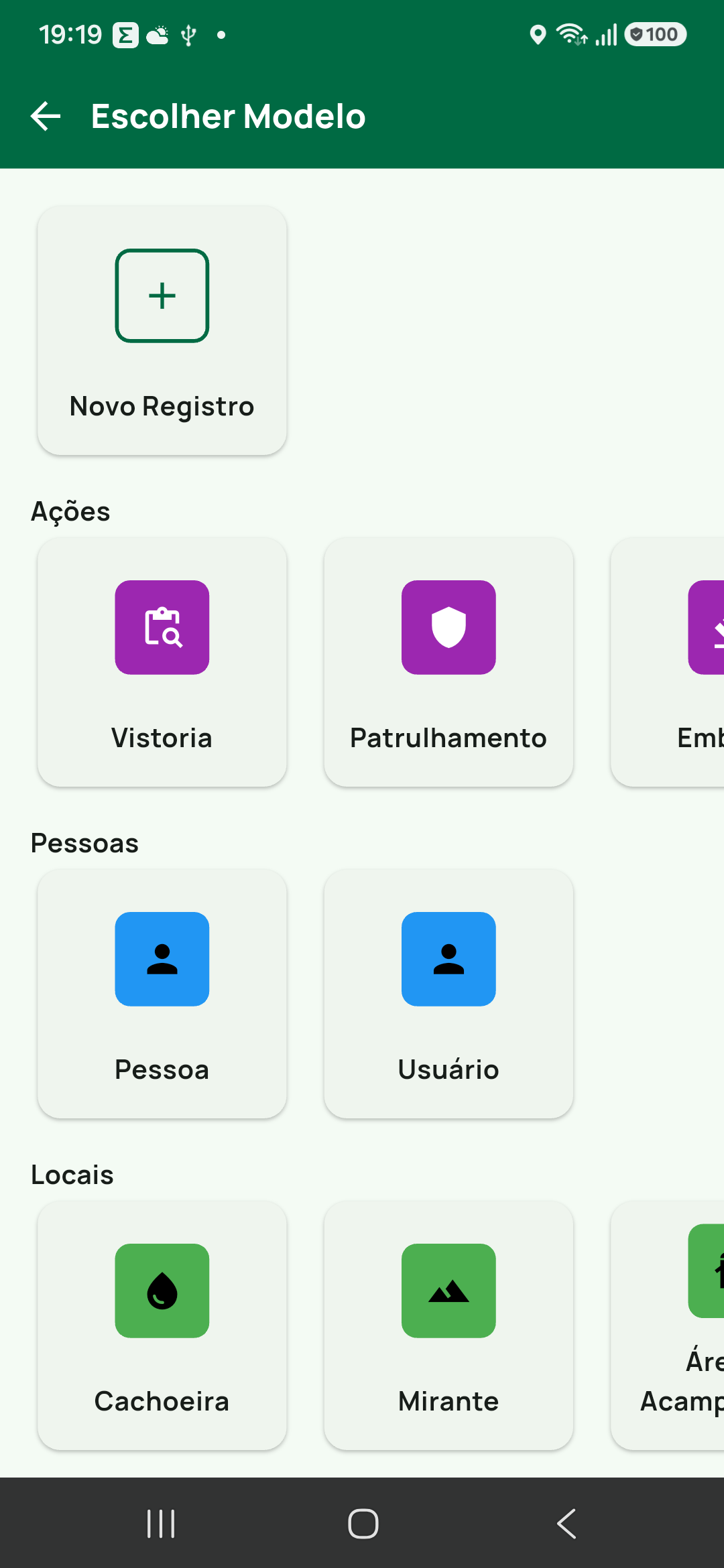 Tela Escolher Modelo, aberta por Modelos no diálogo Adicionar da aba Registros: Novo Registro e os modelos por tipo (Ações, Pessoas, Locais…).