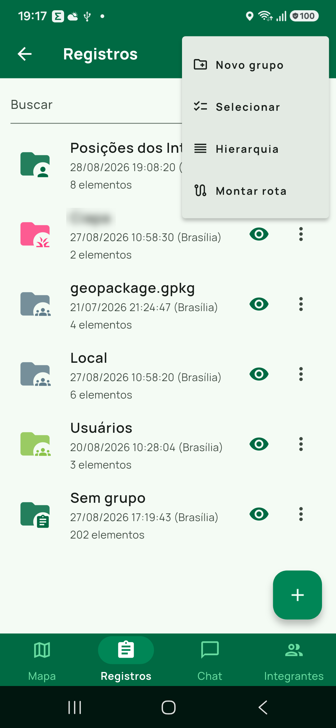 O caso da aba Registros: o mesmo ⋮, agora com quatro itens (Novo grupo no topo, depois os três modos), na tela do grupo Registros. Mostra também que ali a barra superior traz a set