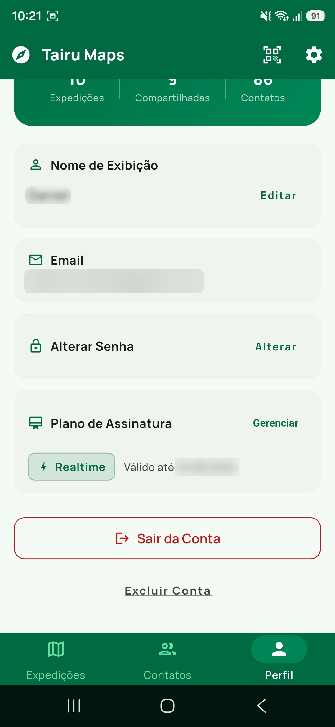 Tela de Perfil com o bloco Plano de Assinatura, o selo do plano atual e o botão Gerenciar.