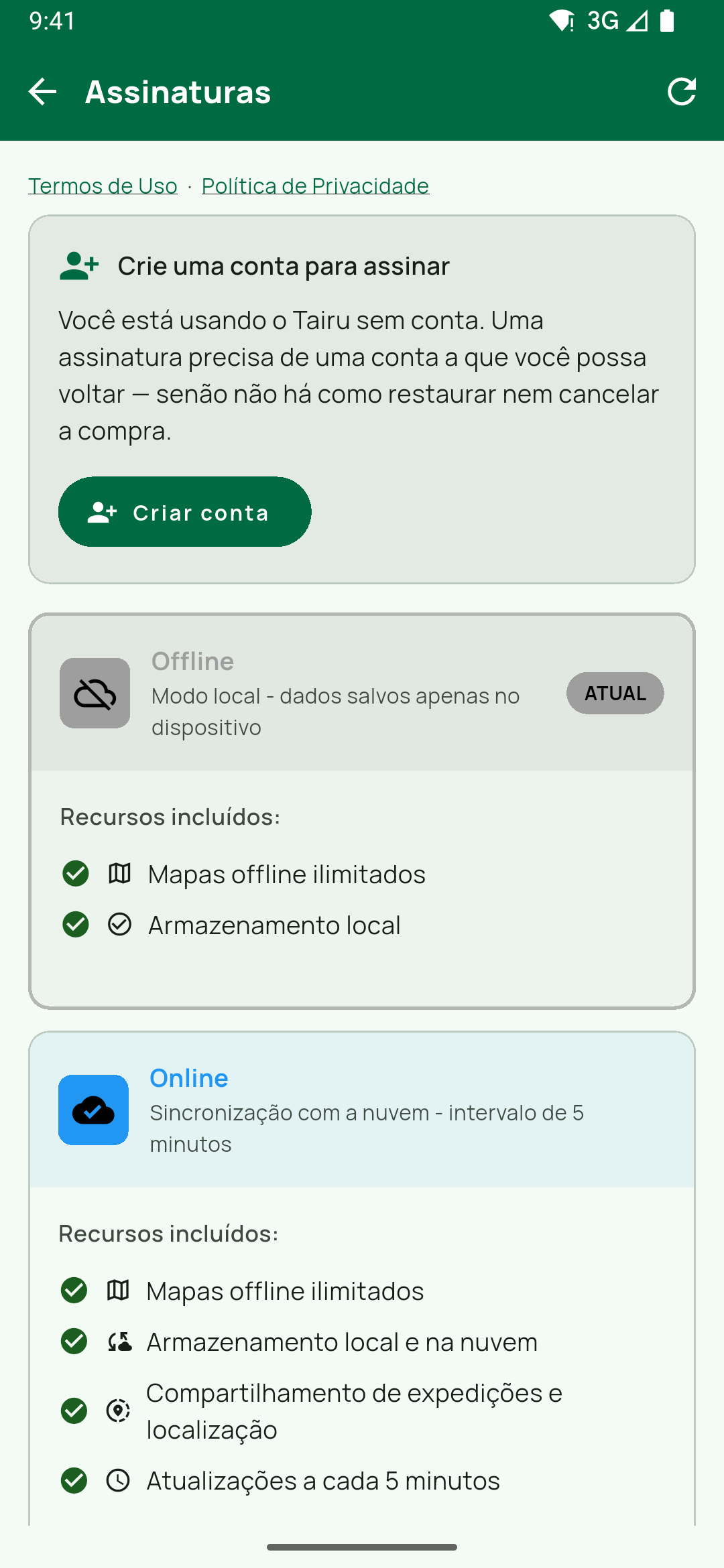 Tela Assinaturas na sessão sem conta: o cartão Crie uma conta para assinar com Criar conta, acima dos planos. Ilustra o Teste grátis de 7 dias para quem ainda não tem conta.